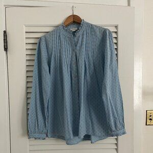 Sundance Philippa Blouse Med Blue Swiss Dot Pintuck Ruffle Button Front Shirt